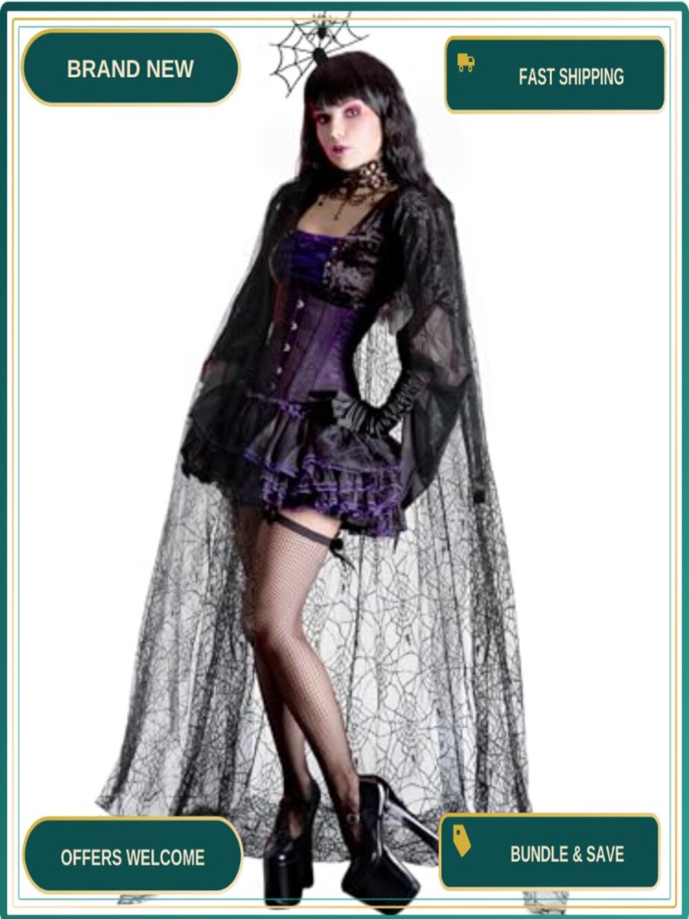 Spider Web Lace Hooded Halloween Poncho Costume with Hair Hoop